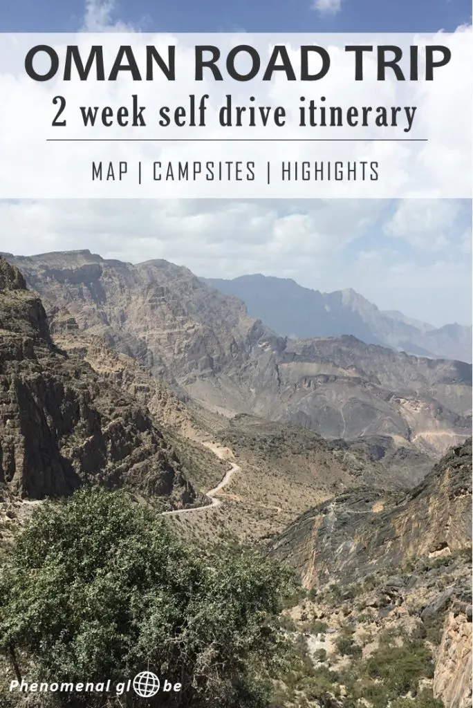 Check out this awesome 2 week self-drive road trip itinerary for Oman, including map with campsites and highlights (Jebel Shams, Wadi Bani Khalid, Sharqiya Sands and more)! #Oman #MiddleEast #roadtrip