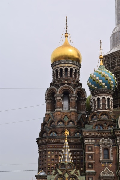 Colorful onion shaped domes on the Church of the Savior on the Spilled Blood in St. Petersburg