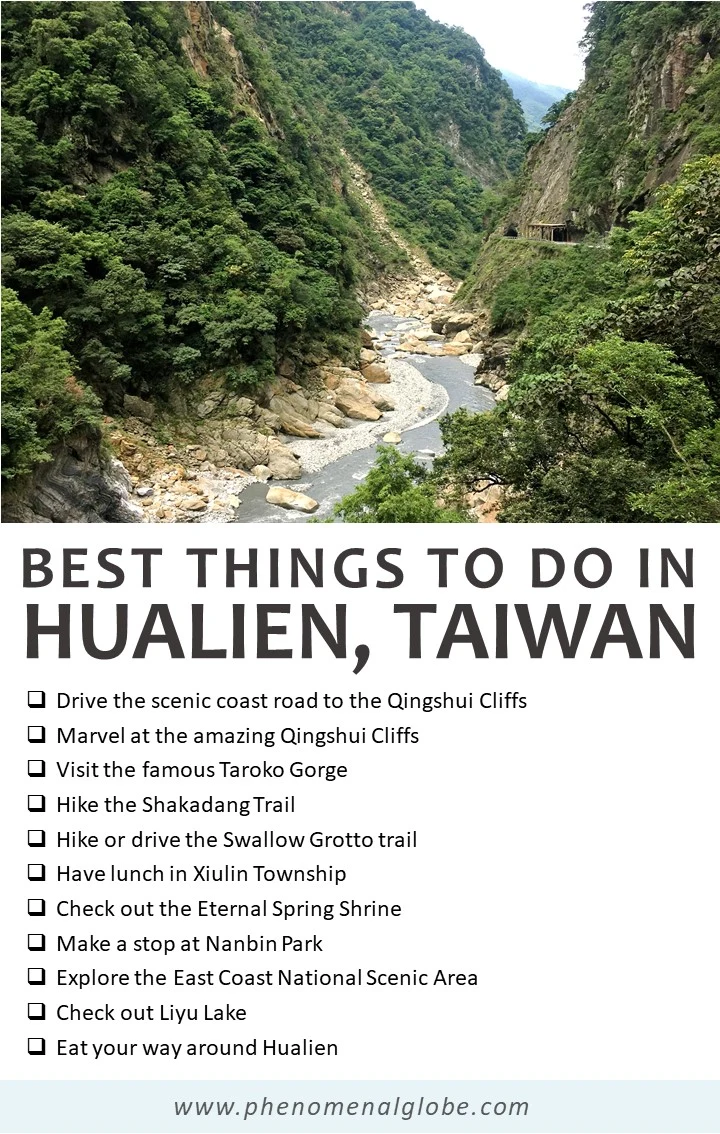 Read about the best things to do in Hualien and Taroko National Park, on the East Coast of Taiwan. Rent a scooter and follow this 3-day itinerary! Includes a map with Hualien highlights, travel budget, advice about accommodation and transport information (how to get from Taipei to Hualien and from Hualien to Taroko Gorge). #Hualien #TarokoGorge #Taiwan