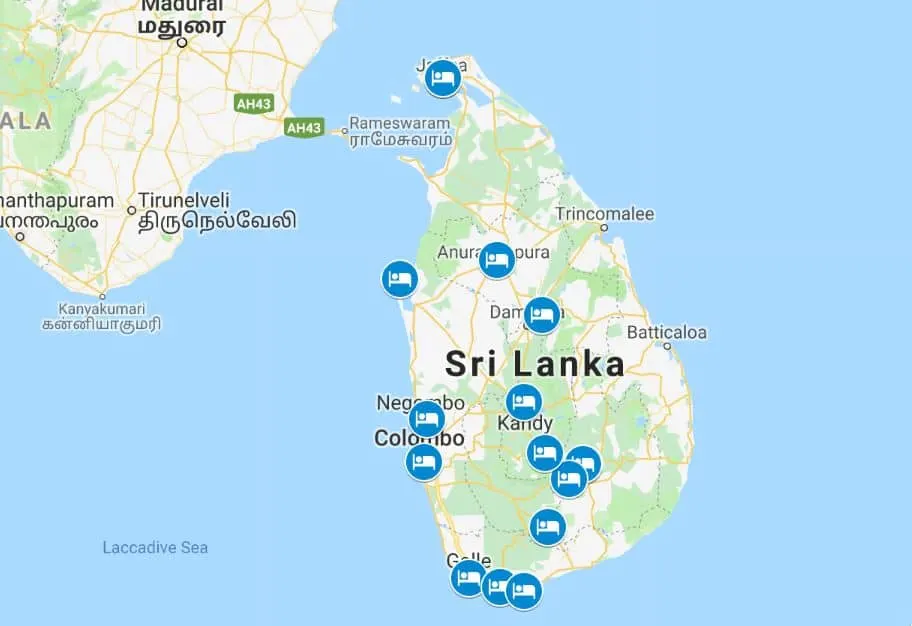 Sri Lanka best budget hotels map