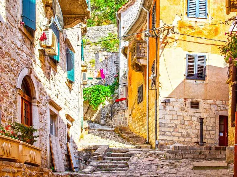 Colorful cobblestoned street in Kotor Montenegro