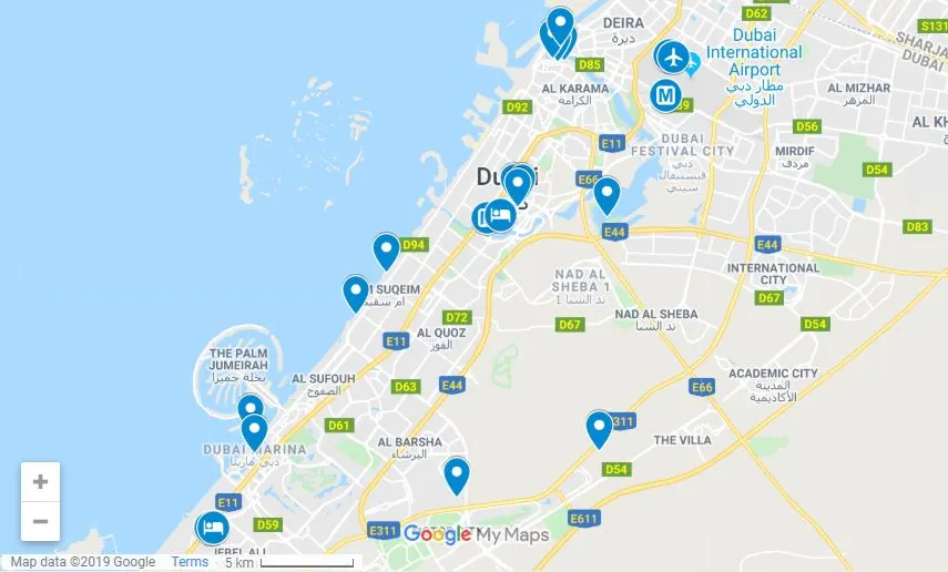 Map of Dubai itinerary