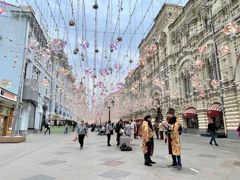The famous pedestrian street Nikolskaya Street (Никольская улица) located in Kitay-Gorod Moscow with thousands of fairy lights.